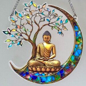 Spiritual Buddha in Crescent Moon Metaphysical Sun Catcher Window Hanging New